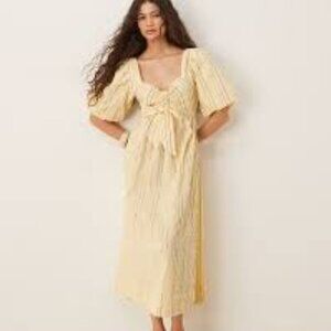 YAS puff sleeve bow front textured midi  woman dress in yellow size 8